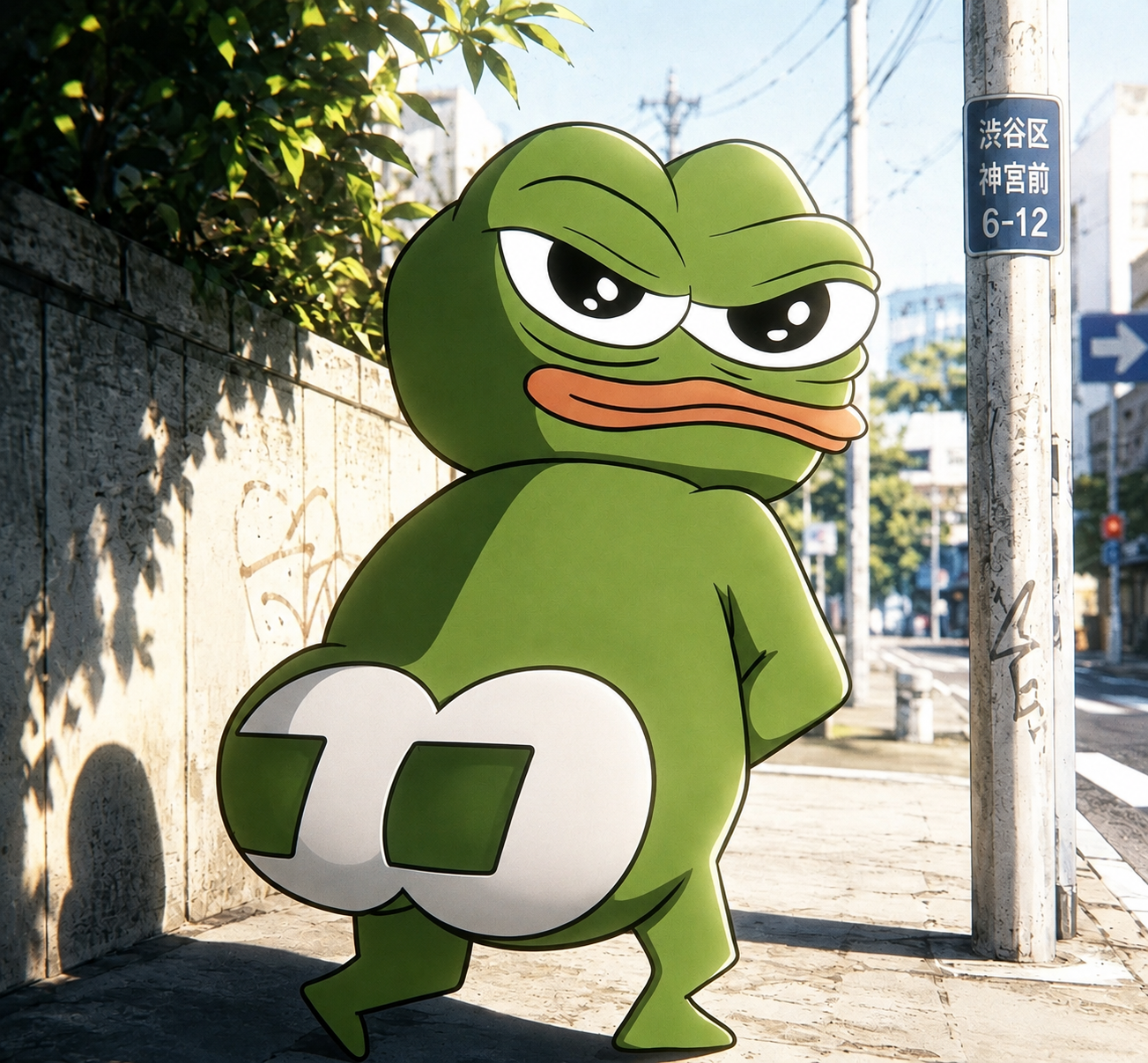 PepeWifFOMOAss mascot looking back on a street